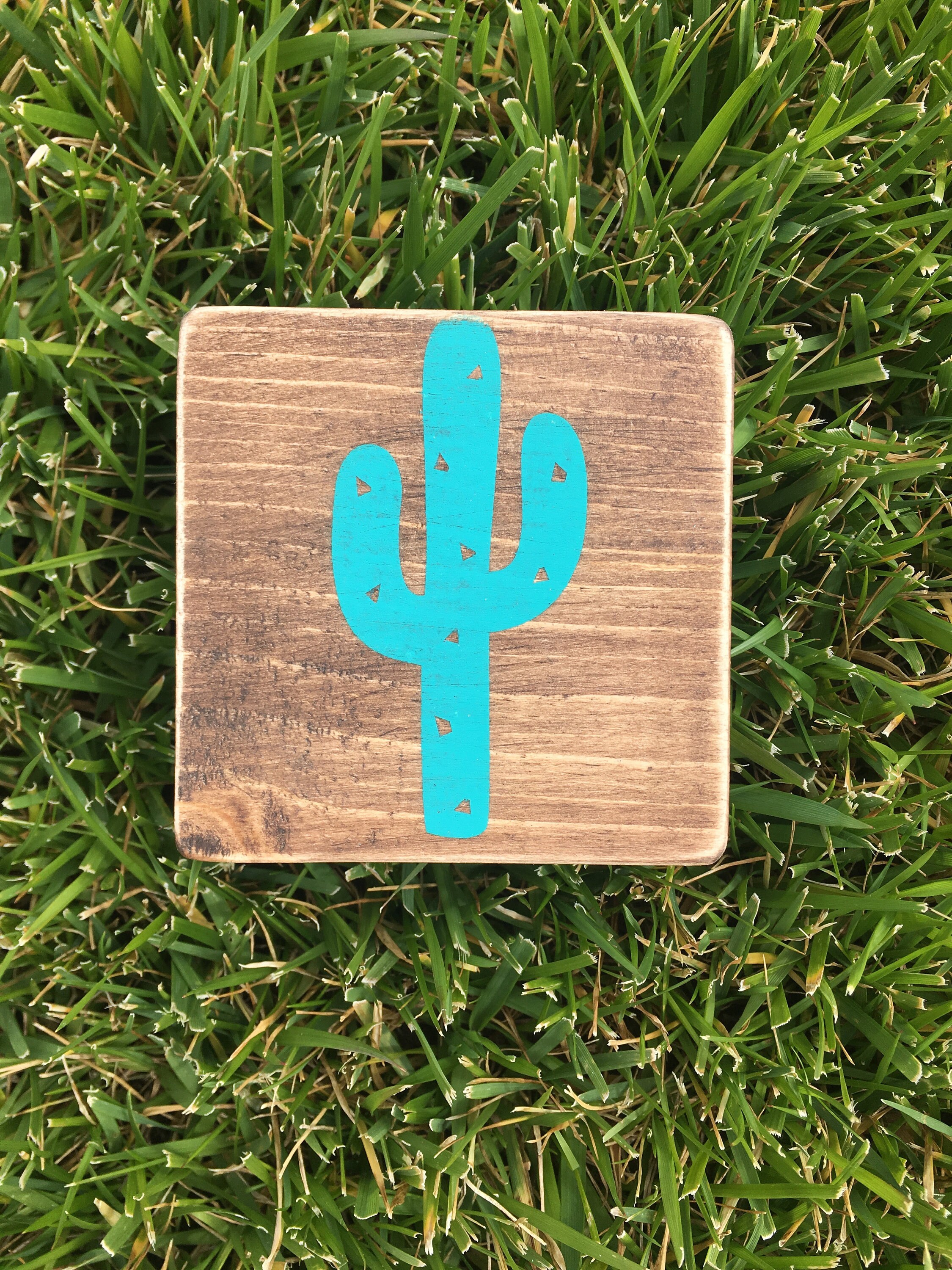 Cactus wood sign. Teal cactus wood painted sign. Stained sign. Etsy