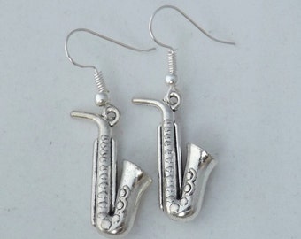 Saxophone earrings, musical instrument earrings, gift for her, stocking filler, sterling silver earrings, music student or teacher gift
