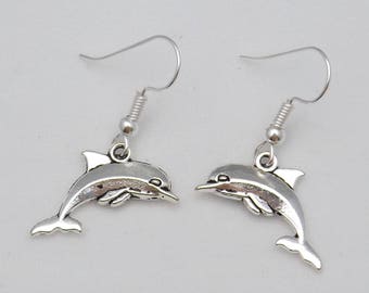 Dolphin lover earring gift, silver tone dolphin charm jewellery, ocean animal earrings, sterling silver earrings