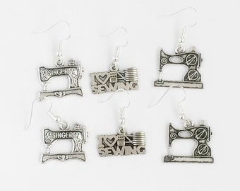 Sewing machine earrings, handcrafted silver tone crafters gift for her, seamstress earrings, sterling silver sewing earrings