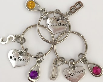 Sister keyring gift, big sister keyring, middle sister keyring, little sister keyring, initial keyring, personalised keyring