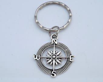 Compass charm keyring, traveler keychain unisex gift, personalized initial keychain nautical travel gift, graduation gift