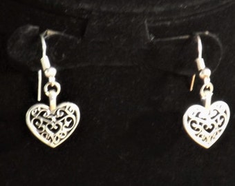 Delicate lattice heart silver tone charm earrings, handcrafted birthday gift for her, sterling silver earrings