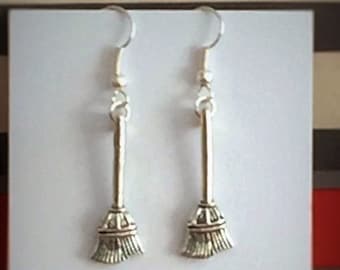 Witches broomstick spooky dangle earrings, witchcraft halloween earrings gifts for her, flying broom earrings, sterling silver earrings