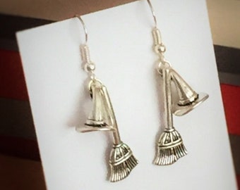 Witches broomstick and witches hat dangle earrings, gift for her, spooky witchcraft Halloween double earrings, sterling silver earrings