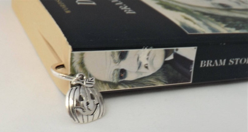 Pumpkin bookmark, literary book lover gift, silver tone pumpkin bookmark, spooky fall bookmark, gothic birthday gift image 4