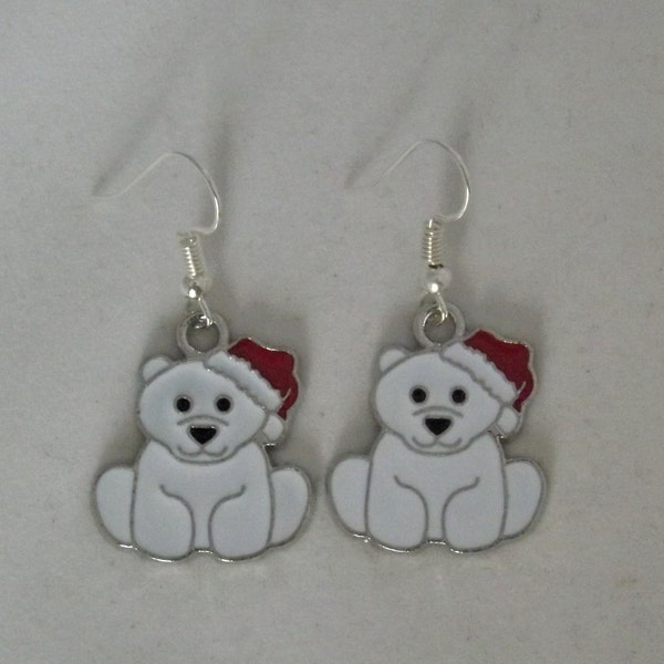 Christmas polar bear earrings, enamel polar bears and Santa hat, sterling silver earrings, stocking filler gifts, secret santa earrings
