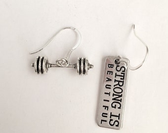 Strong is beautiful earrings, strong earrings, dumbbell earrings, weightlifting earrings, fitness earrings, gym bunny earrings, gift for her