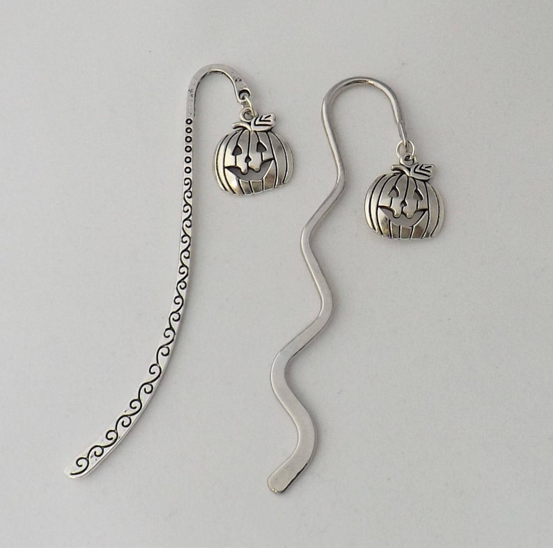 Pumpkin bookmark, literary book lover gift, silver tone pumpkin bookmark, spooky fall bookmark, gothic birthday gift image 1