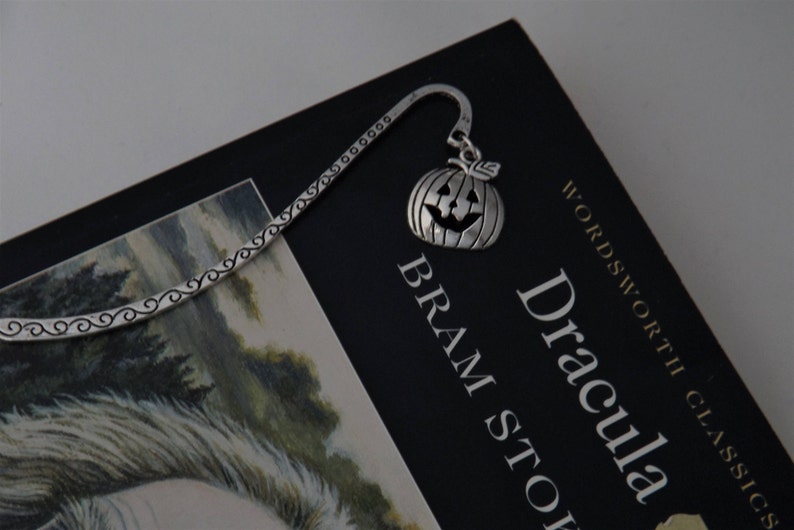 Pumpkin bookmark, literary book lover gift, silver tone pumpkin bookmark, spooky fall bookmark, gothic birthday gift image 3
