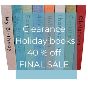 May include: A stack of colorful holiday-themed books with the text "Clearance Holiday books 40% off FINAL SALE" on a blue background.