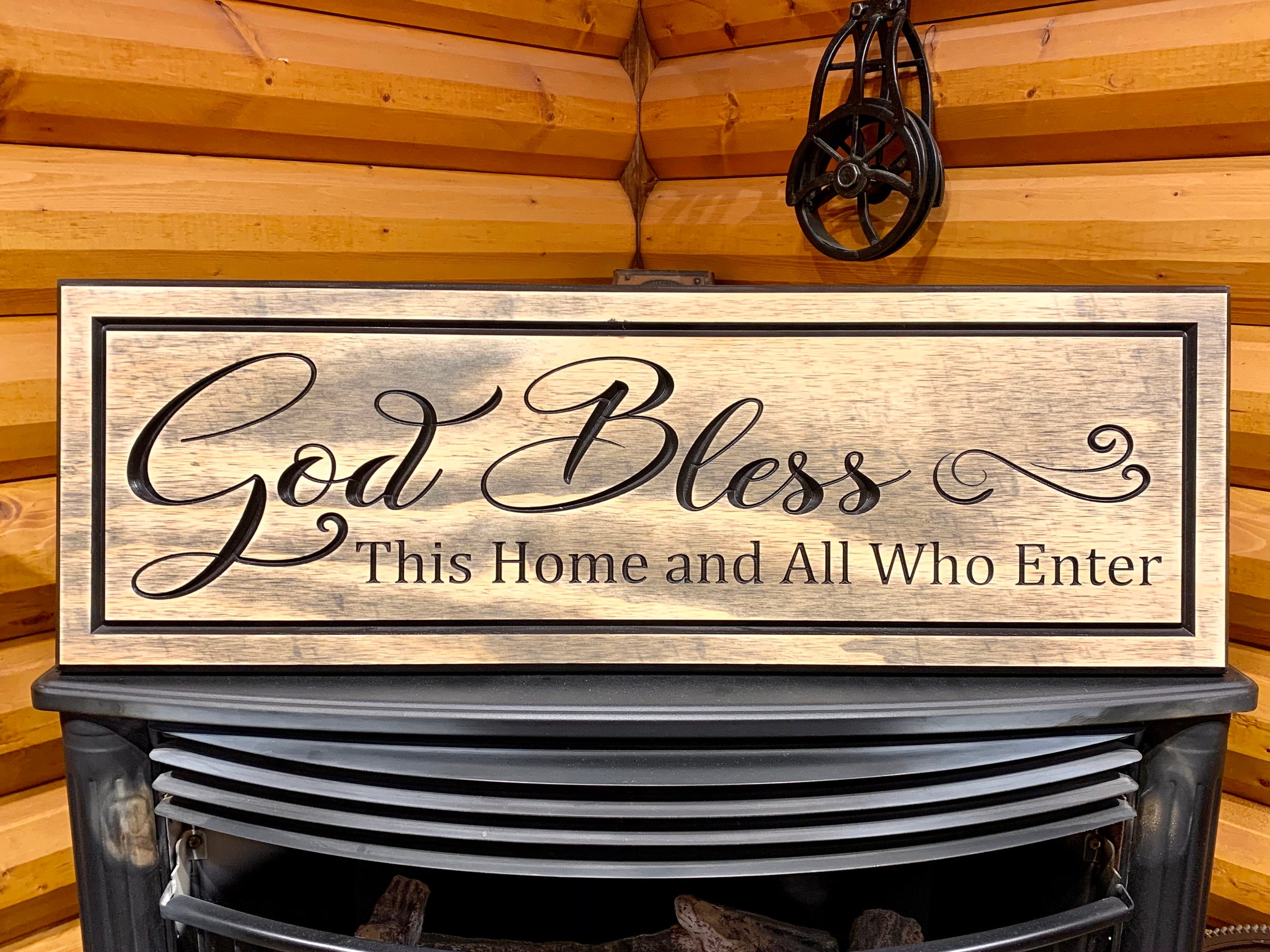 Decorazione Parete Legno Rustica Scritta Bless This Home And All Who Enter 40,6x12,7 Cm Fattoria - 2