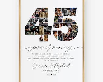 Collage de fotos del 45.º aniversario, recuerdo imprimible (plantilla editable)