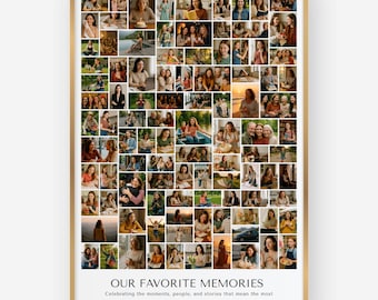 Könnte beinhalten: Ein rechteckiges Fotocollage-Poster mit zahlreichen kleinen, unterschiedlichen Bildern von Menschen in verschiedenen Umgebungen, umrahmt von einem dünnen goldenen Rand. Der Text unten lautet: OUR FAVORITE MEMORIES. Celebrating the moments, people, and stories that mean the most.