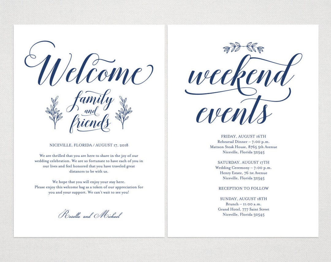 Navy Blue Wedding Welcome Bag Note Welcome Bag Letter 