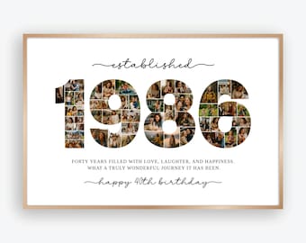 Collage personalizado editable de 1986, impresión de collage de fotos de regalo de 40 cumpleaños, collage de números, collage de año, póster de aniversario