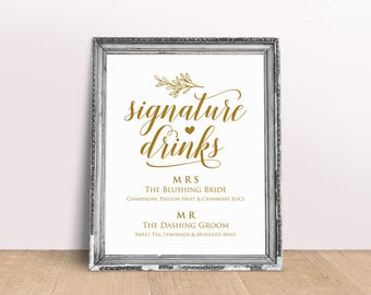 Gold Signature Drink Sign, Signature Drinks Printable, Wedding Bar Sign, Wedding Reception Sign, Signature Cocktails, PDF Download, WPC_942