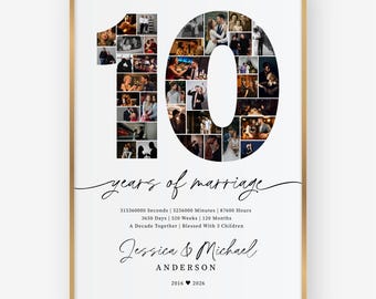 May include: A framed print celebrating a 10-year marriage anniversary. The number "10" is formed with multiple photos. The text reads "years of marriage", names, and dates. The frame is gold.