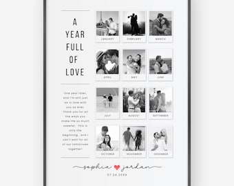 Puede incluir: Un collage de fotos en blanco y negro enmarcado titulado "A Year Full of Love". Presenta doce fotos pequeñas, una por cada mes, con los nombres de los meses debajo. Los nombres "Sophia" y "Jordan" están escritos en cursiva, junto con la fecha 07.24.20XX.