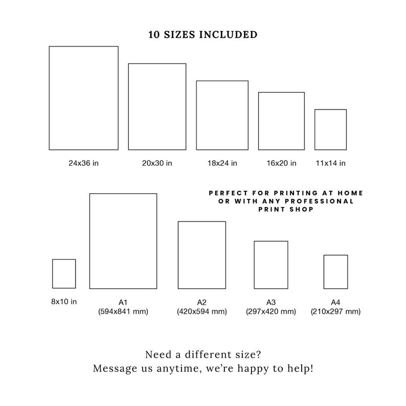 May include: A white graphic showing 10 print sizes, including 24x36 in, 20x30 in, and A1 (594x841 mm). Text reads "Perfect for printing at home or with any professional print shop." Message us for custom sizes.