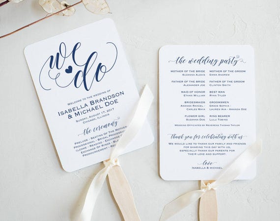 Navy Blue Wedding Program Fan Template Rustic Wedding Etsy