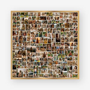 Op de afbeelding: Een ingelijste collage met talrijke kleine foto's. De afbeeldingen tonen vrouwen in verschillende omgevingen, waaronder buitenscènes, binnenactiviteiten en groepsbijeenkomsten. De lijst heeft een warme, lichtbruine kleur en zorgt voor een samenhangende presentatie.
