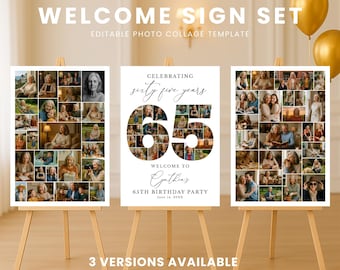 65th Birthday Welcome Sign Template, Editable Photo Collage Poster, Canva Birthday Party Sign, Memory Board, 74-215 Photos
