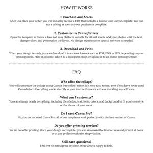 May include: White text on a light beige background explains how to use a Canva template. The text includes steps for purchase, customization, download, and printing. FAQ section answers common questions about editing and customization.
