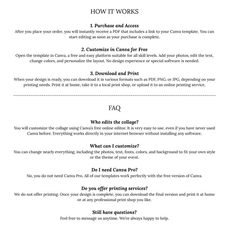 May include: White text on a light beige background explains how to use a Canva template. The text includes steps for purchase, customization, download, and printing. FAQ section answers common questions about editing and customization.
