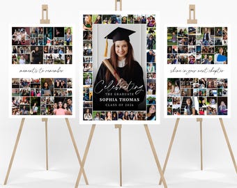 May include: Three graduation photo displays on wooden easels. The center display features a graduate in a cap and gown, with the text "Celebrating" and the graduate's name. The other displays have photo collages and the phrases "moments to remember" and "shine in your next chapter."