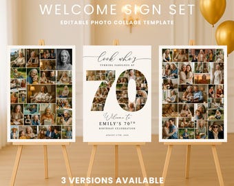 70th Birthday Photo Collage Welcome Sign Template, Look Who's 70 Birthday Decoration for Men & Women, Editable Birthday Party Poster Board,