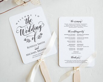 Wedding Program Fan Template, Rustic Wedding Ceremony Program, Instant Download PDF template, Kraft Wedding Program, WPC_1168