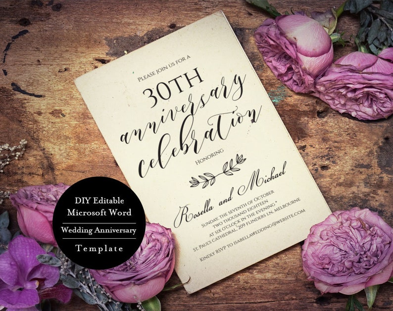 MSW407 Editable Word Anniversary Party Invitation DIY Instant Download 30th Anniversary invitation Editable Anniversary Invitation