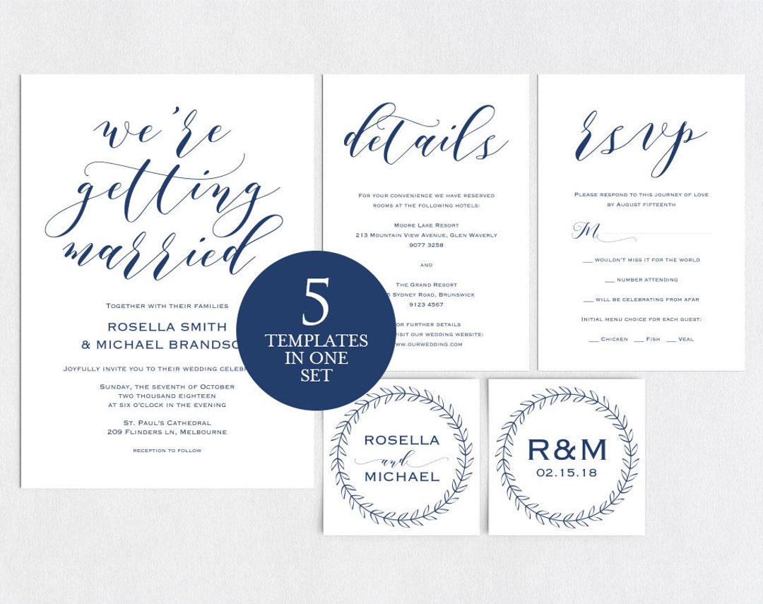 Navy Blue Wedding Invitation Template Wedding Invitation - Etsy