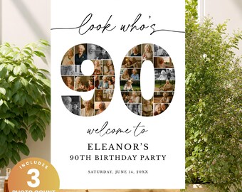 90th Birthday Photo Collage Template, Editable 90 Years Welcome Sign, Personalized Photo Montage Poster, Canva Digital Download