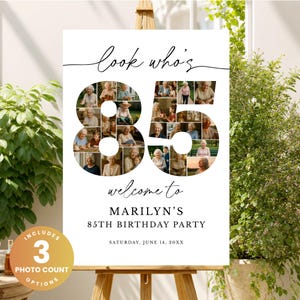 Puede incluir: Un cartel de cumpleaños vertical blanco con el texto look who's 85 welcome to MARILYN'S 85TH BIRTHDAY PARTY SATURDAY, JUNE 14, 20XX. El número 85 está formado por un collage de varias fotografías de una persona mayor en distintos entornos.
