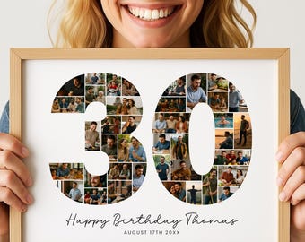 Plantilla de collage de fotos para el 30.º cumpleaños, plantilla de collage de fotos editable, imprimible para el número 30, idea de regalo personalizada para él y para ella