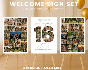 16th Birthday Welcome Sign Template, Sweet 16 Photo Collage Poster, Editable Canva Sign, Birthday Memory Board Printable