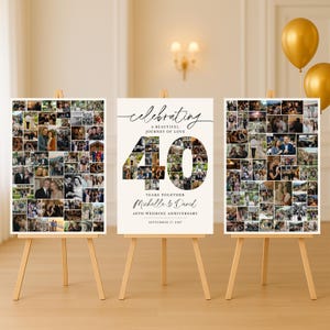 Puede incluir: Tres carteles rectangulares verticales sobre caballetes de madera. Los carteles exteriores presentan collages de fotos. El cartel central muestra el texto "celebrating A BEAUTIFUL JOURNEY OF LOVE 40 YEARS TOGETHER Michelle & David 40TH WEDDING ANNIVERSARY SEPTEMBER 17, 2017" con el número 40 relleno de fotos.