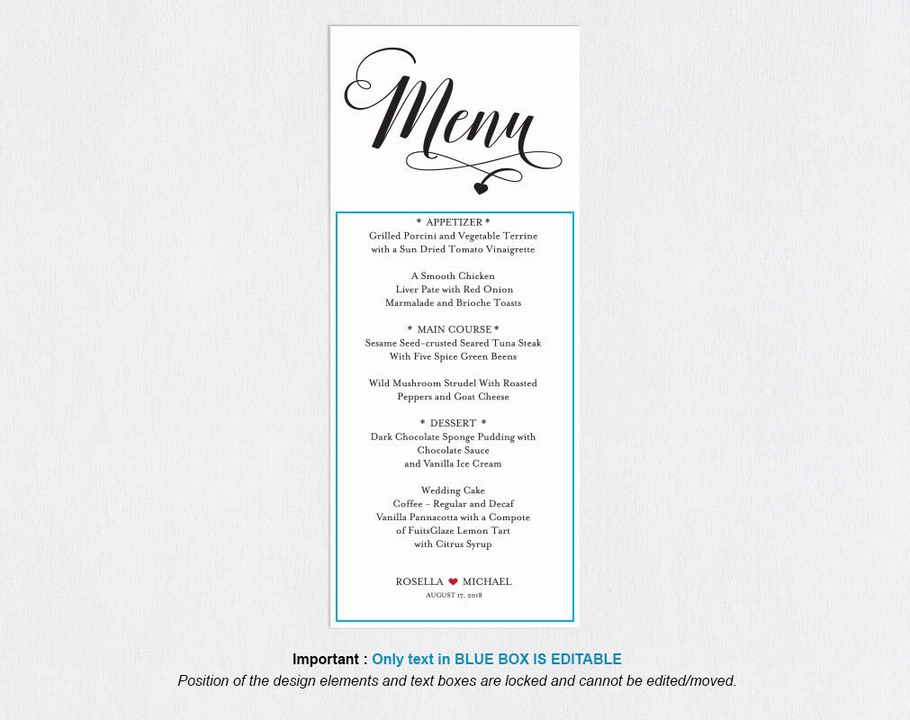 Printable Menu Card Template Editable Text Instant Download | Etsy