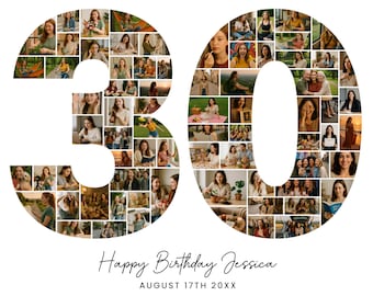 Collage de fotos para el 30.º cumpleaños, imprimible con el número 30, plantilla para collage de fotos, idea de regalo única para ella y para él.