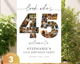 45th Birthday Photo Collage Template, 45th Birthday Welcome Sign, Number Photo Collage Poster, 24 38 67 Photo Slots, Editable Canva Template