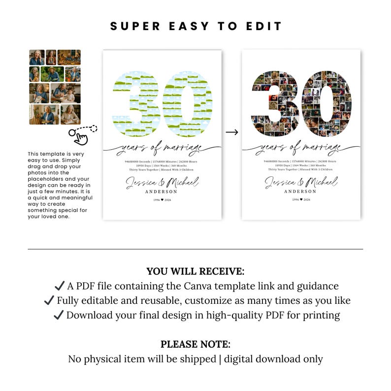30th Anniversary Photo Collage Template, Custom Wall Art (canva ...