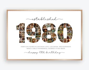 Bewerkbare collage verjaardagsnummer 1980, 46 jaar fotogeheugen, gepersonaliseerde canvassjabloon, digitale download