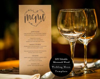 Editable Wedding Menu, DIY Dinner Menu, 3.5”x9” Menu Template, Instant Download, DIY Wedding, Printable Wedding Menu Template, MSW124