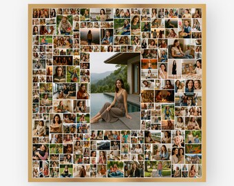 Moderne poster 200 fotocollage, vierkante canvassjabloon met foto als middelpunt, bewerkbaar rasterkunstontwerp, gepersonaliseerde afdrukbare lay-out