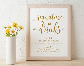 Gold Signature Drink Sign, Signature Drinks Printable, Wedding Bar Sign, Wedding Reception Sign, Signature Cocktails, PDF Download, WPC_936