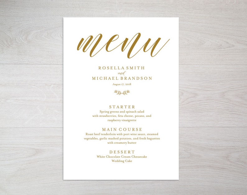 Gold Wedding Menu Template, Wedding Dinner Menu, Wedding Menu, Menu Cards, Menu Printable, Wedding, PDF Instant Download, WPC_370 image 2