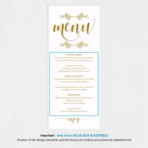 Gold Printable Menu Card Template Editable Text Instant - Etsy