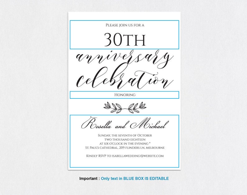 MSW407 Editable Word Anniversary Party Invitation DIY Instant Download 30th Anniversary invitation Editable Anniversary Invitation